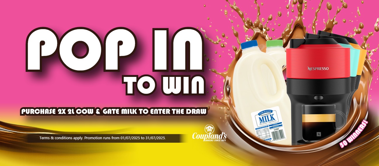 Photos of Nespresso coffee machines and milk with a pink background. Text that reads: Pop in to win. Purchase 2x 2L Cow & Gate Milk to enter the draw.