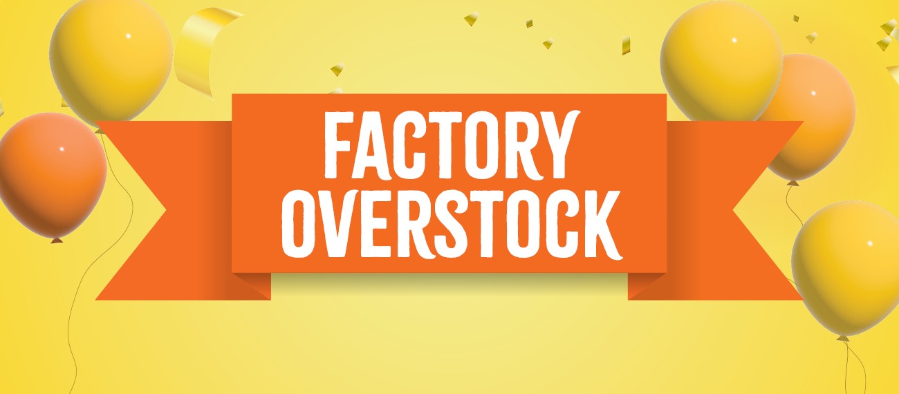 Yellow background with balloons and confetti falling. Orange banner that reads Factory Overstock