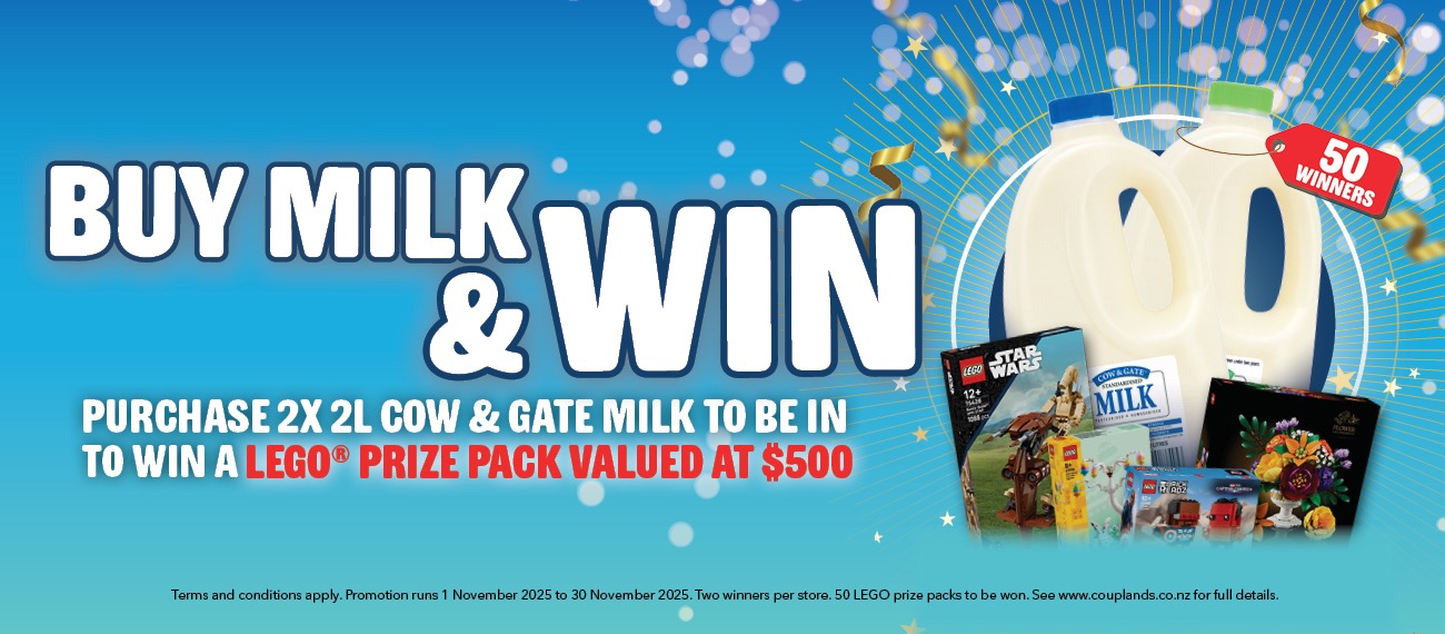 Milk bottles in front of a lego prize pack with text on the left that reads "Buy Milk & Win. Purchase 2x 2L Cow & Gate Milk to be in to win a LEGO Prize pack valued at $500."